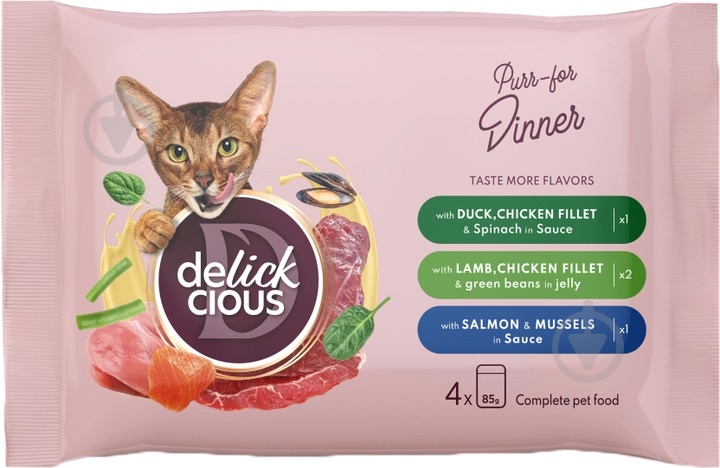 Корм вологий для котів DELICKCIOUS з курячим філе у шпинатному соусі 300 г - фото 1 Корм вологий для котів DELICKCIOUS з курячим філе у шпинатному соусі 300 г - фото 1