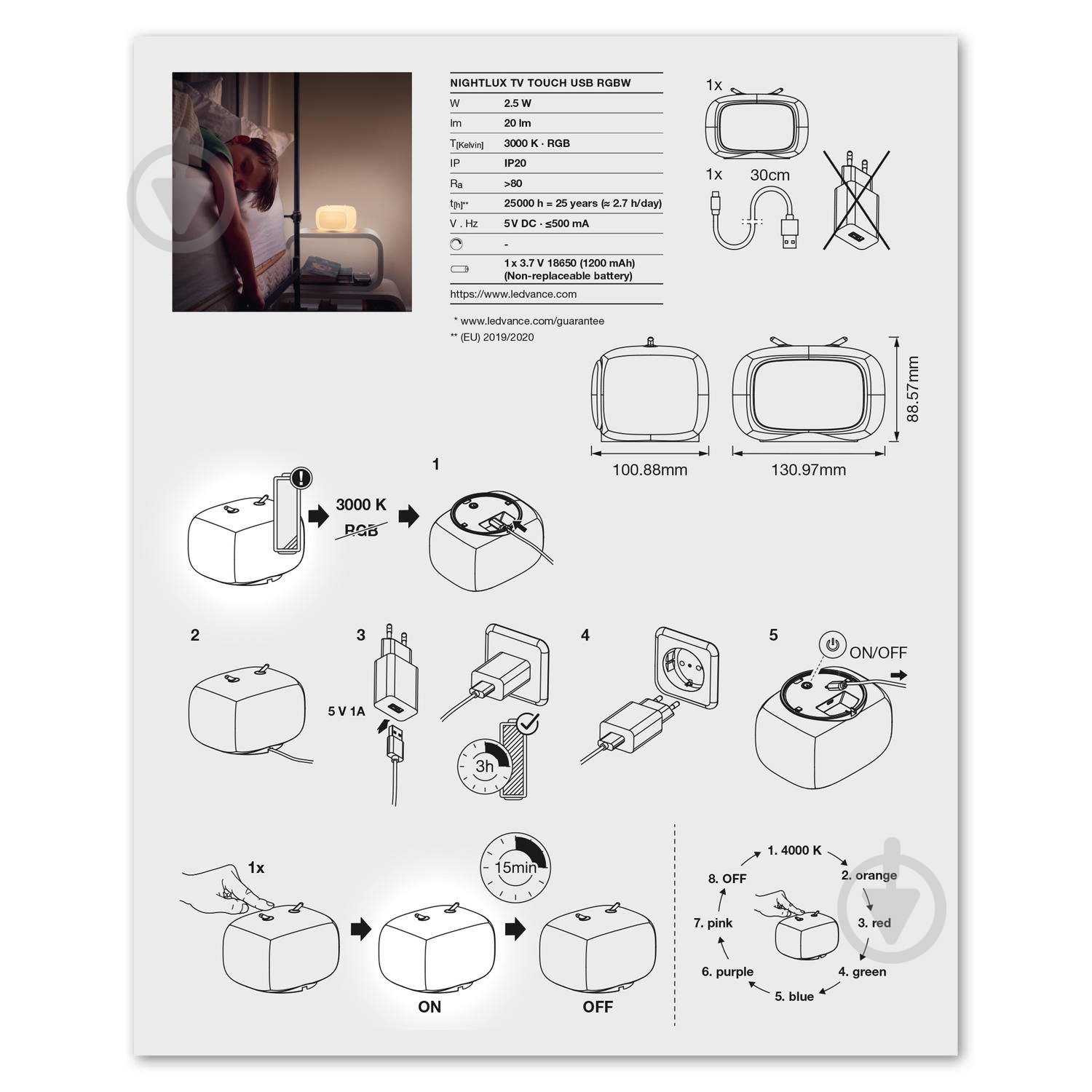 Нічник Ledvance Nightlux Touch LED 2,5 Вт білий Retro TV + USB+ RGBW - фото 7