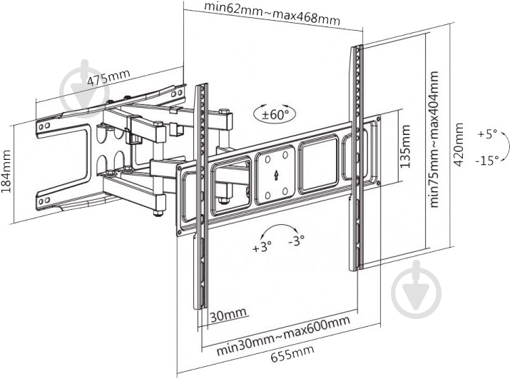 Крепление для телевизора Satelit 32-70PIVOT400A наклонныеповоротные 32"-70" черный - фото 3