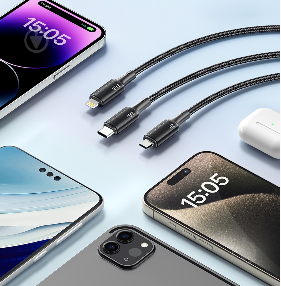 Дата-кабель Essager Simple 3 in 1 Micro+Type-c+Lightning 100W 1,2 м чорний (EXCMTL-JJ01-P) - фото 6 Дата-кабель Essager Simple 3 in 1 Micro+Type-c+Lightning 100W 1,2 м чорний (EXCMTL-JJ01-P) - фото 6