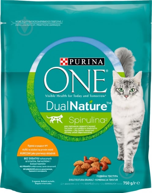Корм сухой для котов ONE by Purina Adult Dual Nature Spirulina с курицей 750 г - фото 1