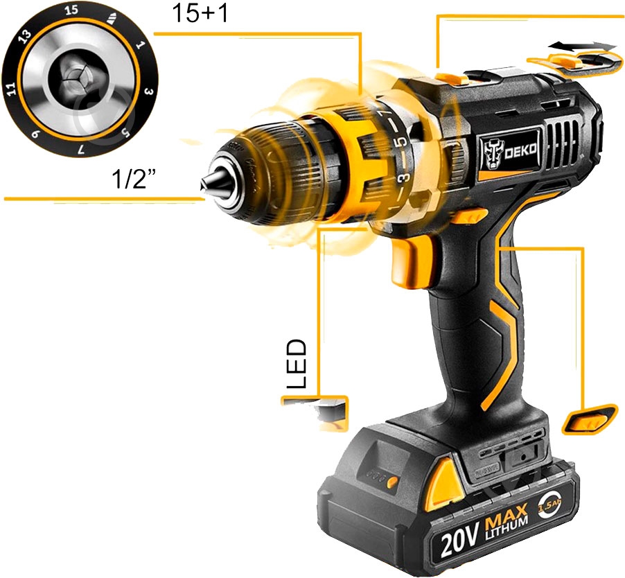 Шуруповерт аккумуляторный DEKO GCD20DU2-S6 - фото 3 Шуруповерт аккумуляторный DEKO GCD20DU2-S6 - фото 3