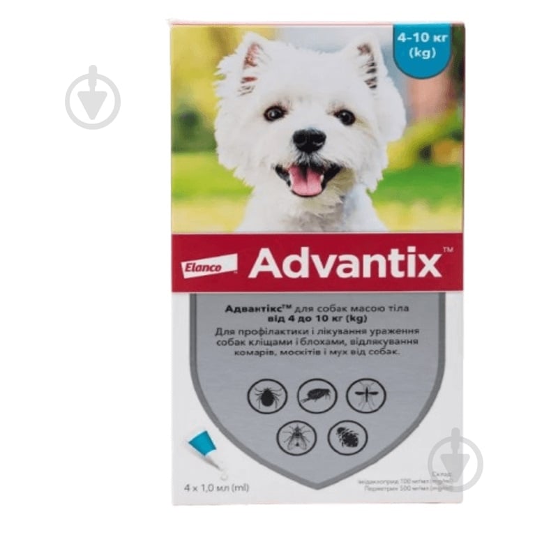 Краплі Bayer віл бліх та кліщів для собак 4-10кг Advantix (за 1 п-тку, 4 в уп.) арт.91008/10272 шт. 4 мл - фото 1