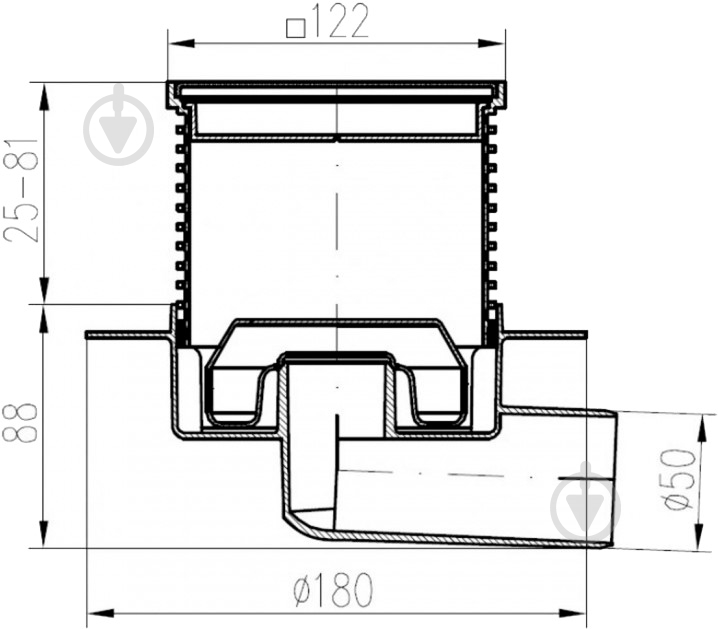 Душевой трап MCH с гориз. подкл. DN50, h 113-169мм, сухой сифон, с фланцем, решетка из нерж. - фото 2