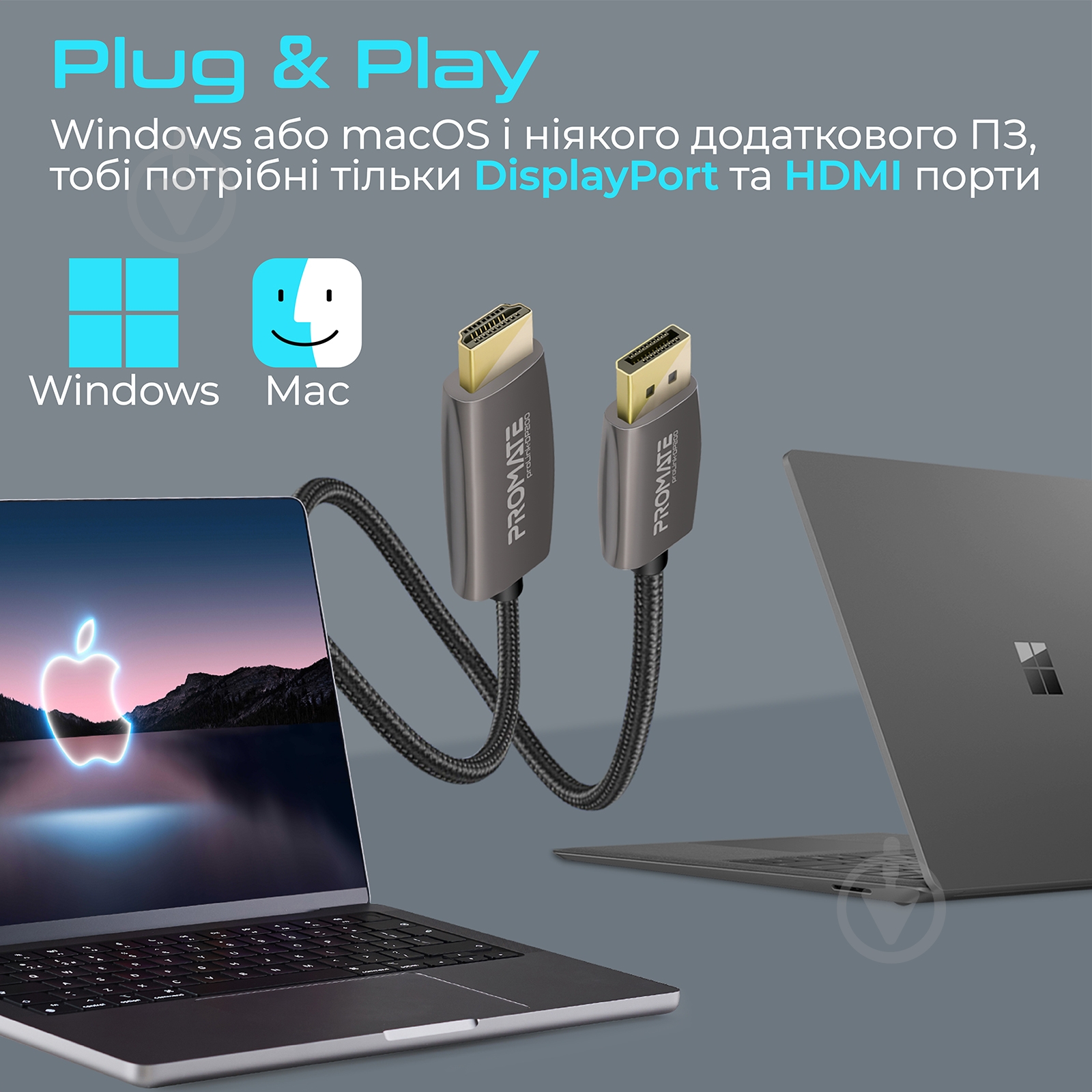 Кабель Promate ProLink-DP200 DisplayPort to HDMI 2 м 2 м чорний (prolink-dp200.black) - фото 6