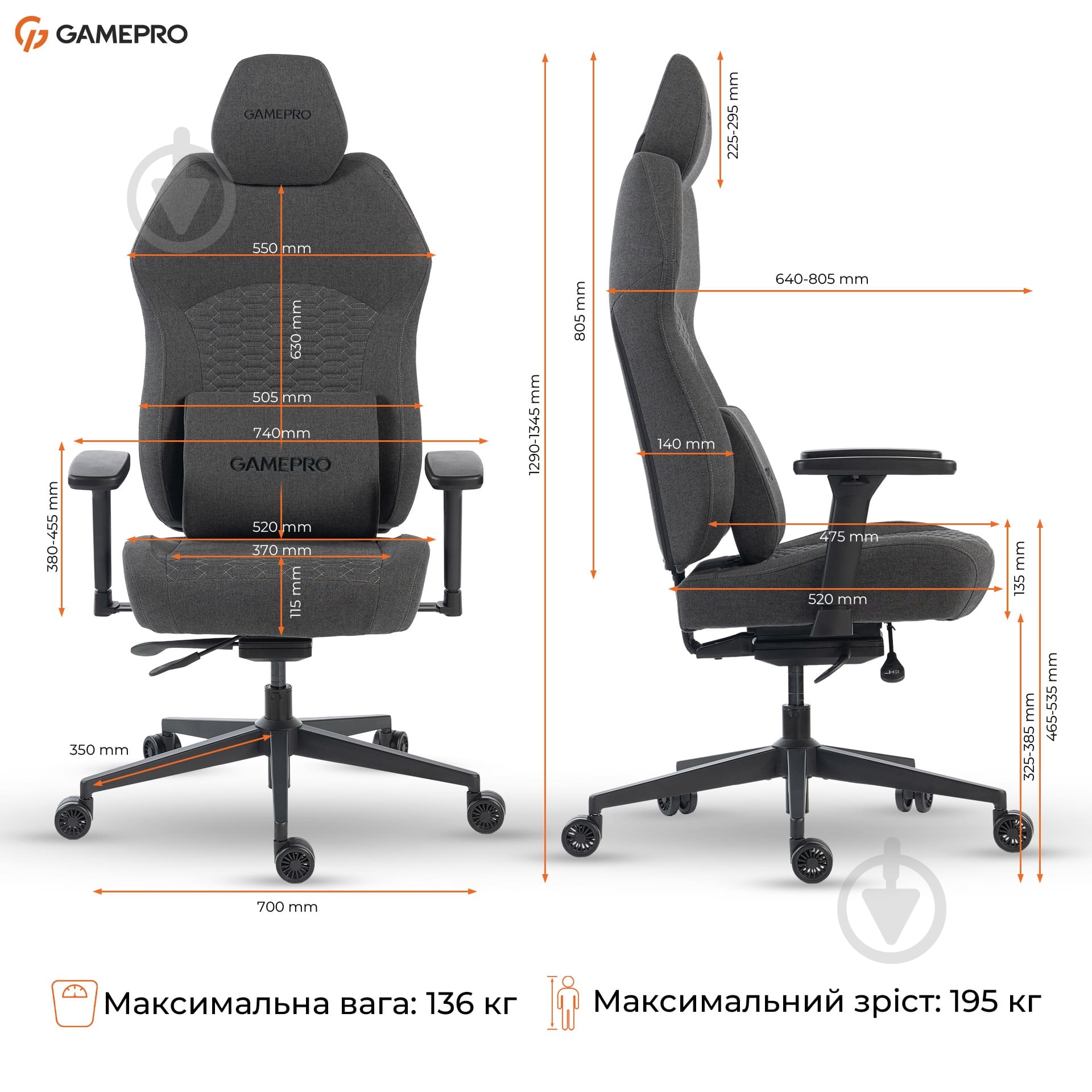 Крісло ігрове GamePro GC760DG Dark grey fabric сірий - фото 19