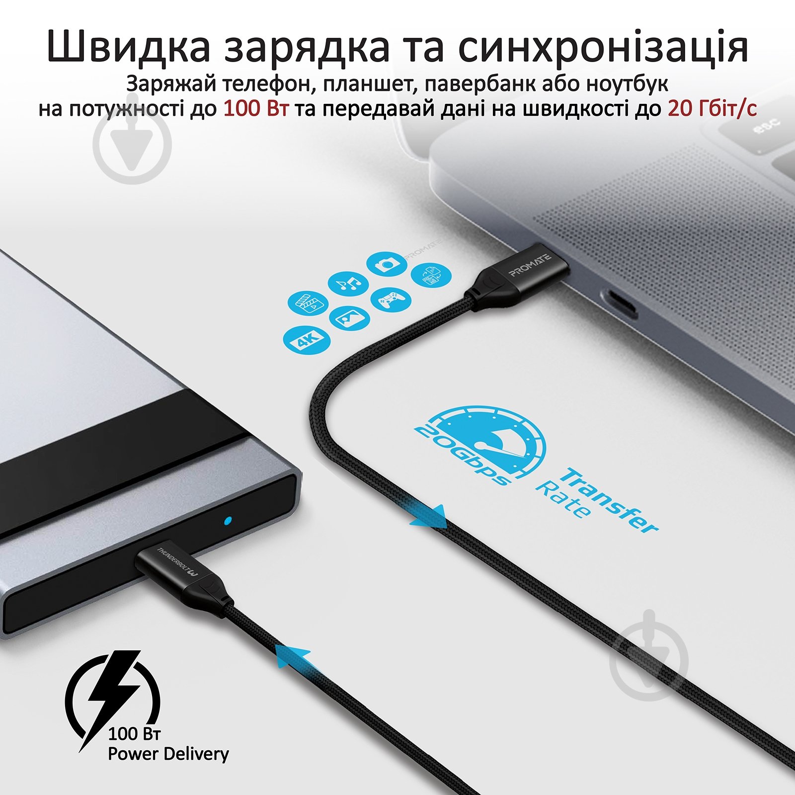 Кабель Promate ThunderLink-C20+ USB Type-C/USB Type-C 100W PD 1,5 м чорний (thunderlink-c20+.black) - фото 2