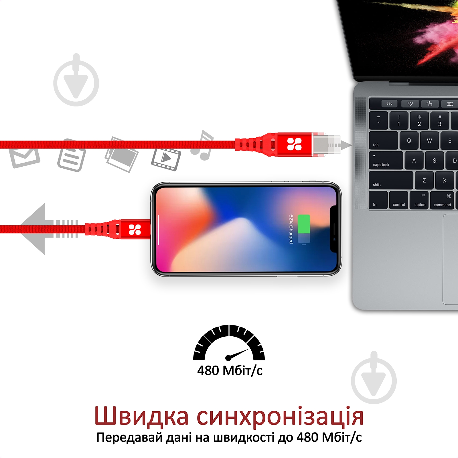 Кабель Promate PowerCord Type-C - Lightning 1,2 м красный (powercord.red) - фото 3