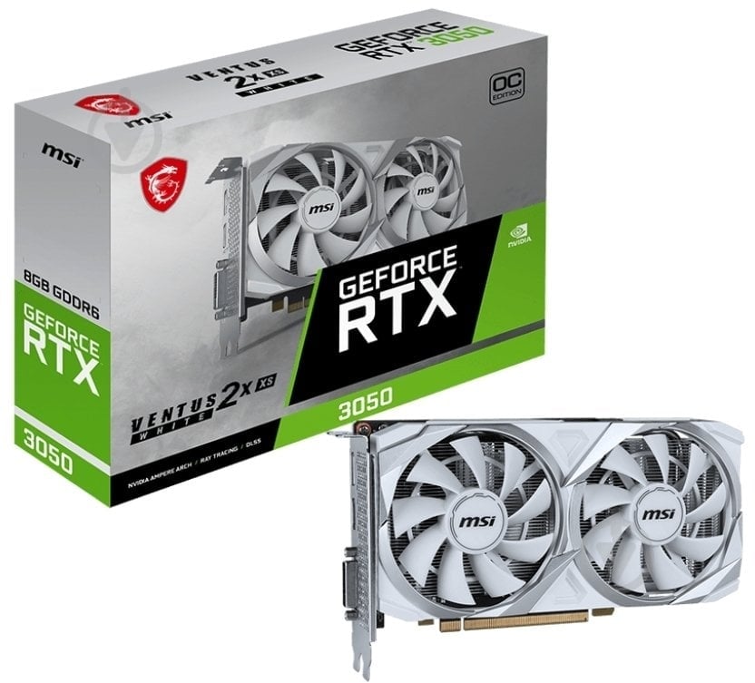 Видеокарта MSI GeForce RTX 3050 VENTUS 2X XS WHITE OC 8GB GDDR6 128bit (912-V809-4401) - фото 1 Видеокарта MSI GeForce RTX 3050 VENTUS 2X XS WHITE OC 8GB GDDR6 128bit (912-V809-4401) - фото 1