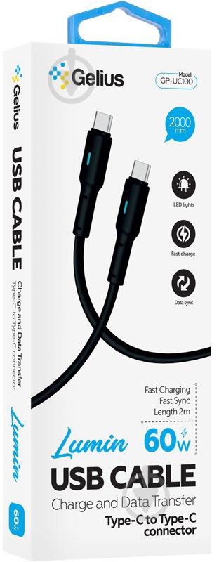 USB-кабель Gelius Lumin Lamp GP-UC100 Type-C to Type-C (60W) 2 м чорний (00000100085) - фото 5 USB-кабель Gelius Lumin Lamp GP-UC100 Type-C to Type-C (60W) 2 м чорний (00000100085) - фото 5