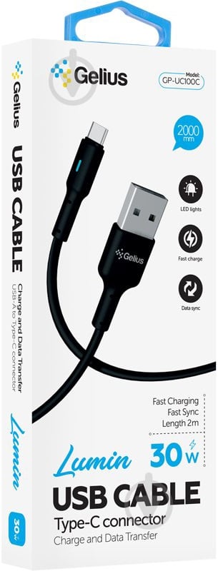 USB-кабель Gelius Lumin Lamp GP-UC100C USB-A to Type-C (30W) 2 м чорний (00000100087) - фото 2