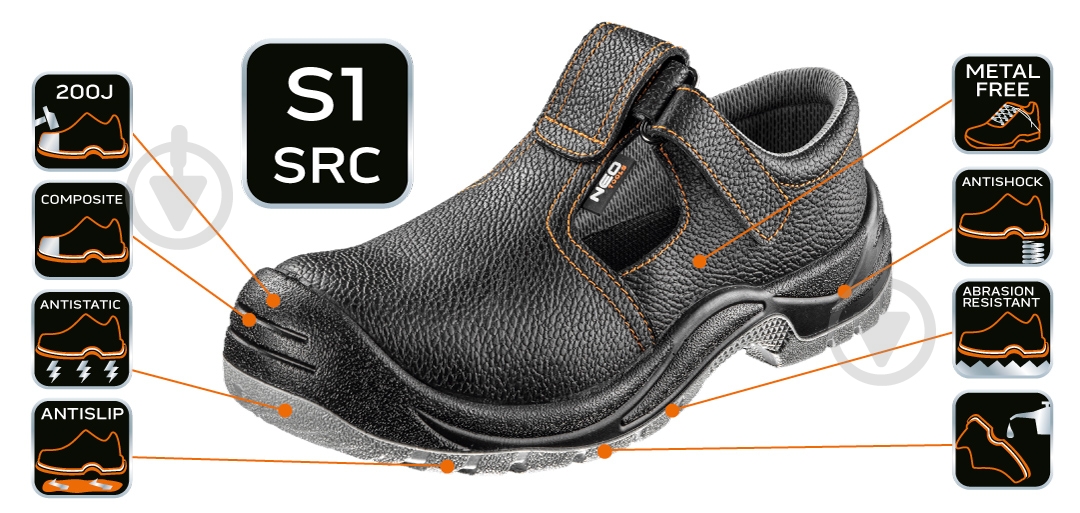 Сандалии рабочие NEO tools S1 SRA с металлическим подноском р.46 82-070 черный - фото 7 Сандалии рабочие NEO tools S1 SRA с металлическим подноском р.46 82-070 черный - фото 7