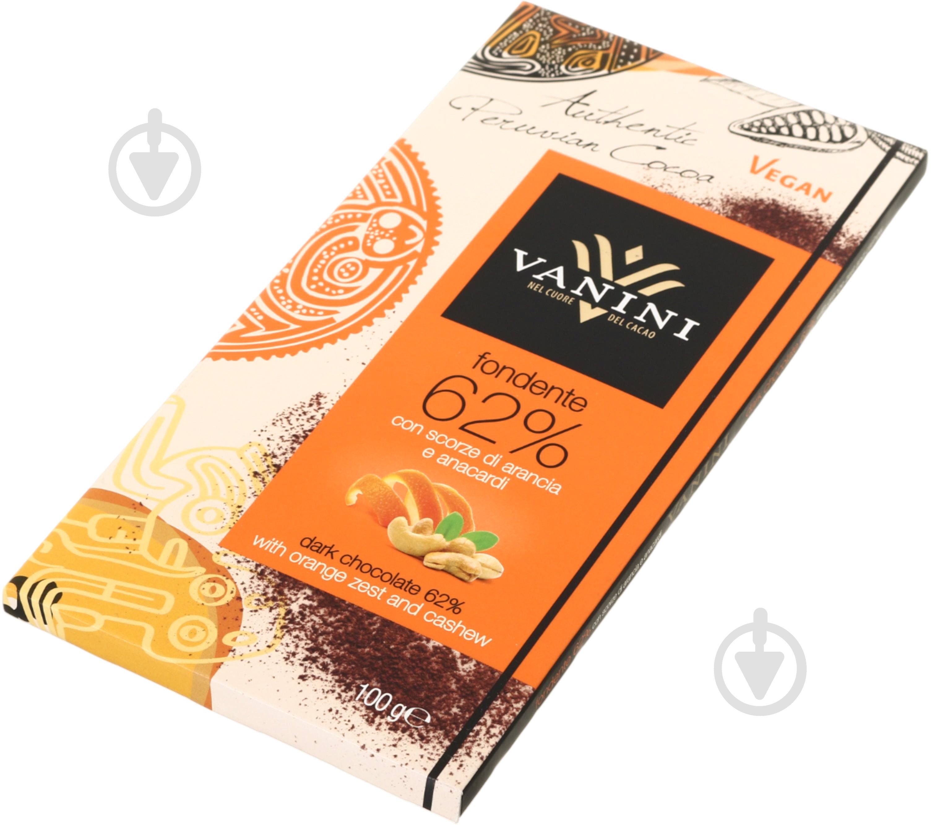 Шоколад Vanini Fondente 62% con scorze di arancia e anacardi 100 г - фото 2