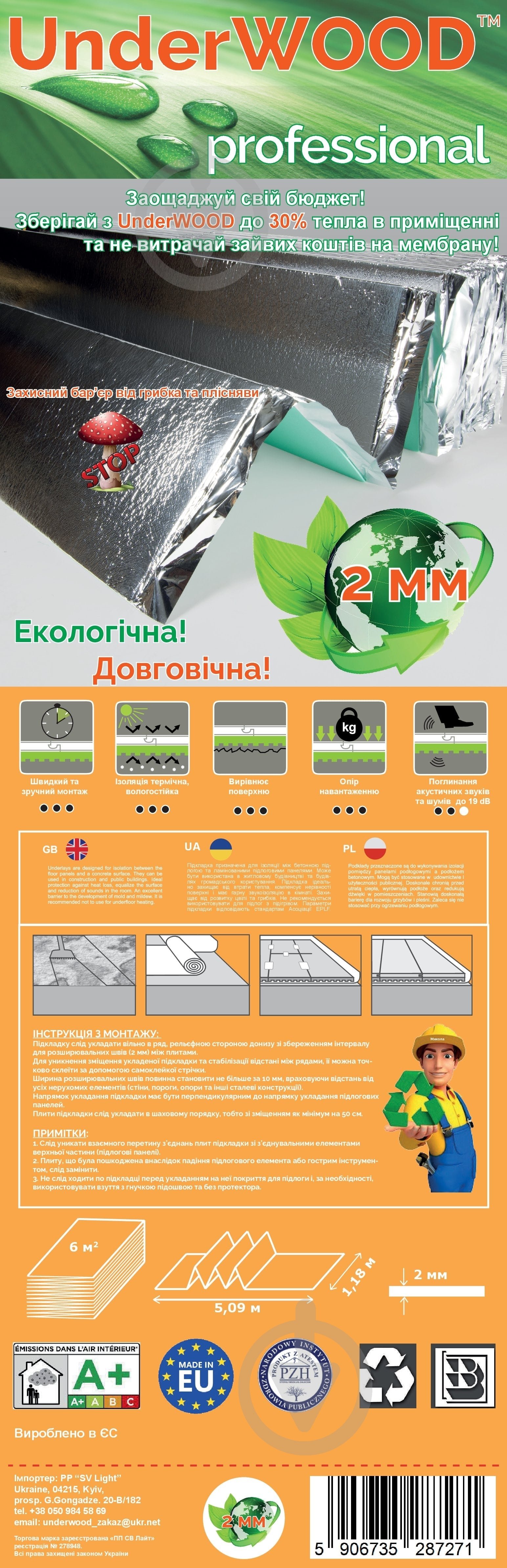 Подложка UnderWOOD Professional с алюминиевой мембраной 2мм/6кв.м - фото 7