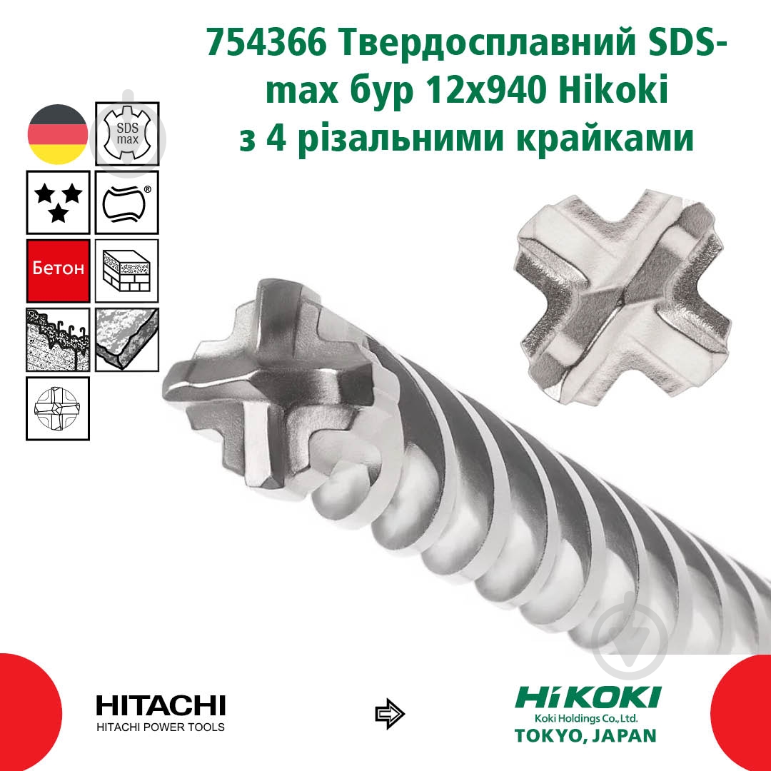Бур HIKOKI SDS-max 12x800 мм 940 мм 1 шт. 754366 - фото 4