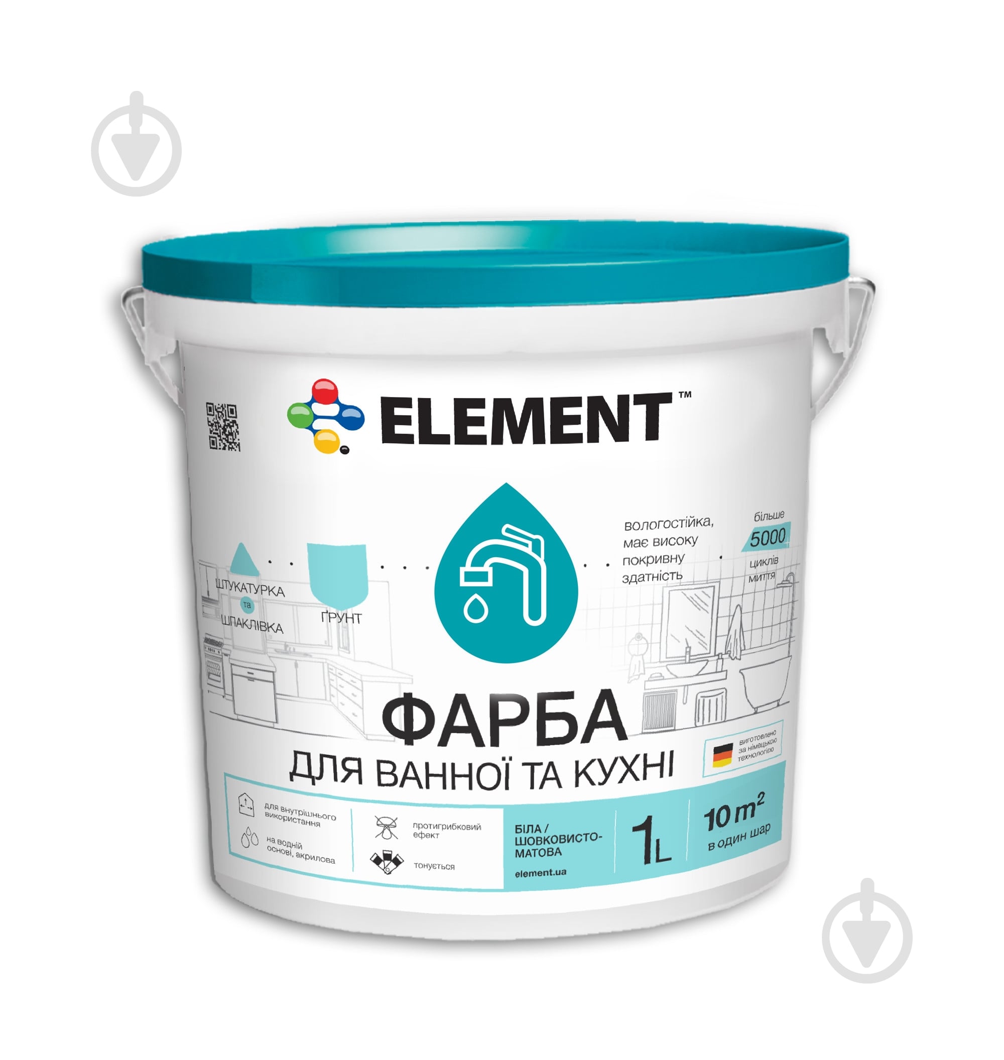 Фарба латексна водоемульсійна Element для ванної кімнати та кухні шовковистий мат білий 1 л - фото 1