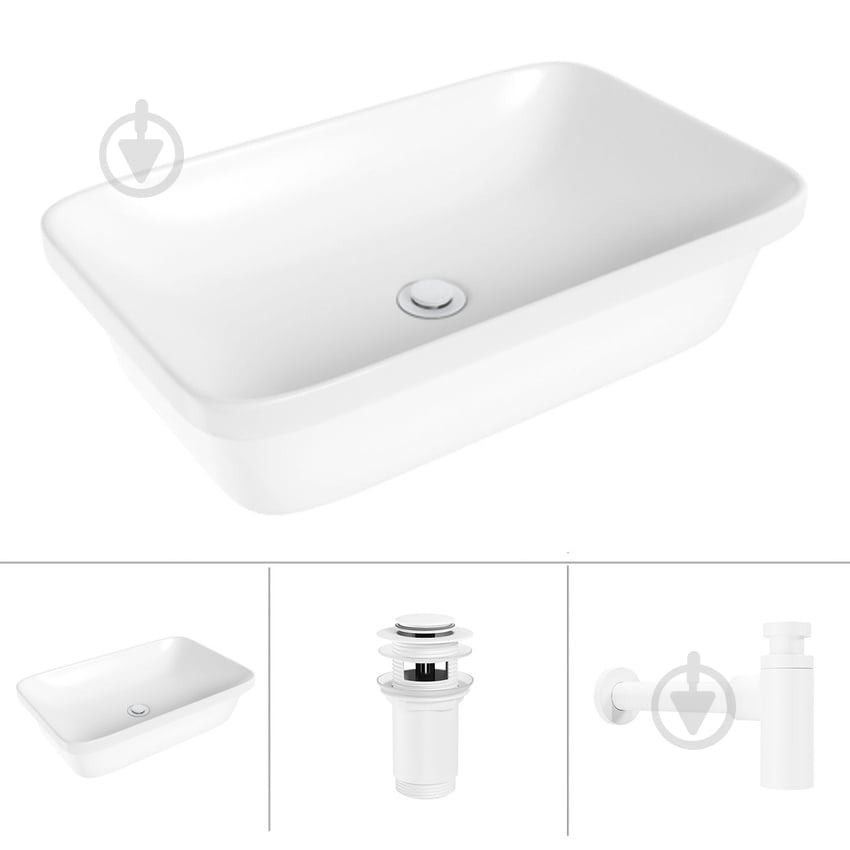 Умивальник Helmken 37060000 3 в 1: прямокутний 60 см, із сифоном і донним клапаном Сlick-clack, білий матовий - фото 1 Умивальник Helmken 37060000 3 в 1: прямокутний 60 см, із сифоном і донним клапаном Сlick-clack, білий матовий - фото 1