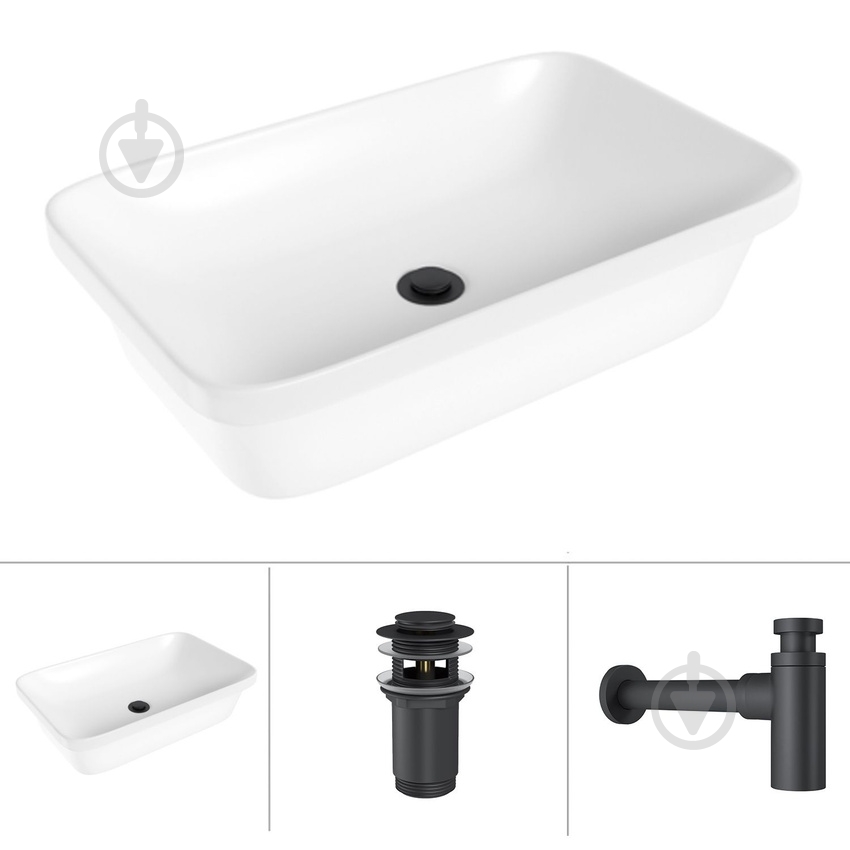 Умывальник Helmken 37060000 3 в 1: прямоугольный 60 см, с сифоном и донным клапаном Сlick-clack, черный матовый - фото 1 Умывальник Helmken 37060000 3 в 1: прямоугольный 60 см, с сифоном и донным клапаном Сlick-clack, черный матовый - фото 1
