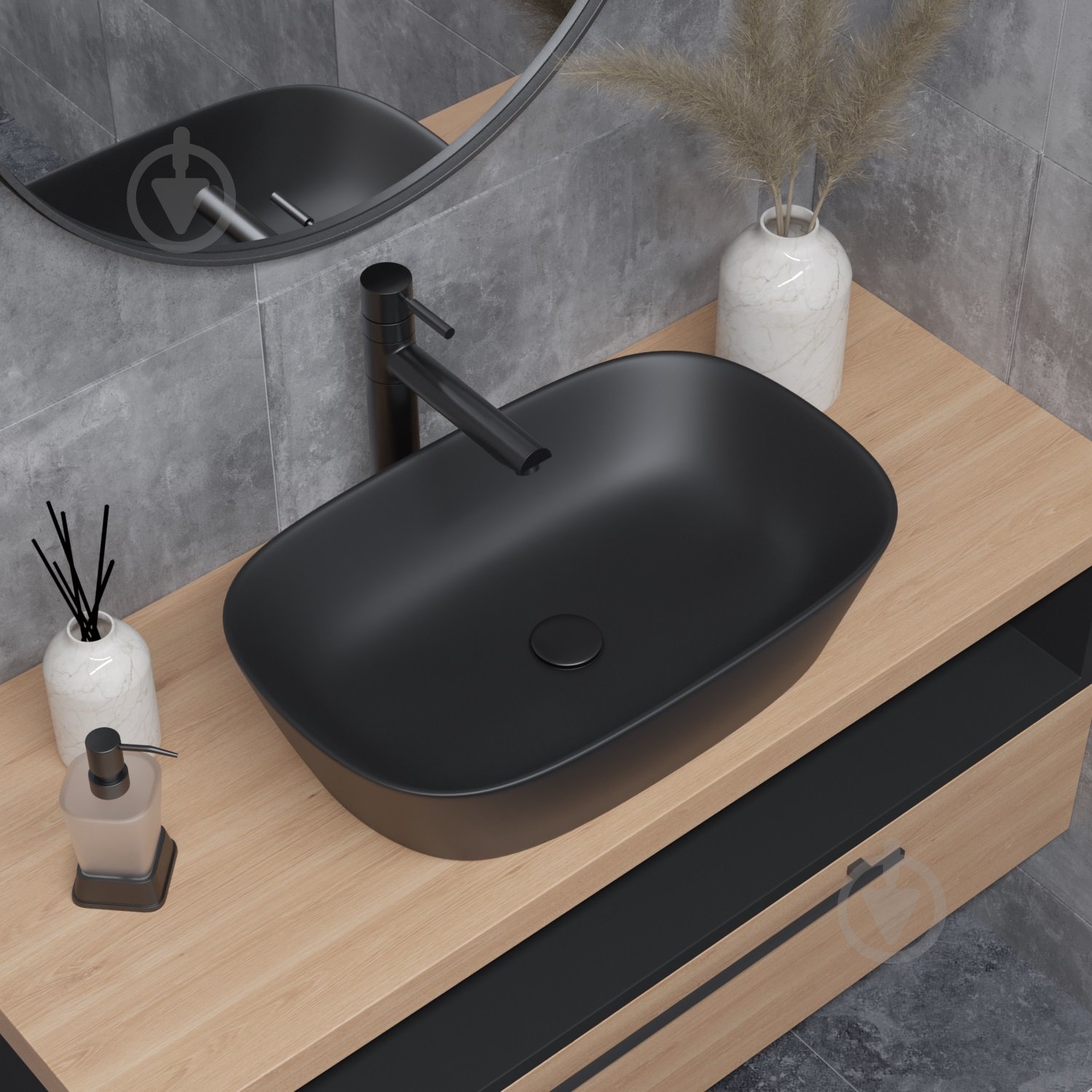 Умивальник Helmken 39360001 3 в 1: прямокутний 60 см, із сифоном і донним клапаном Сlick-clack, чорний матовий - фото 11 Умивальник Helmken 39360001 3 в 1: прямокутний 60 см, із сифоном і донним клапаном Сlick-clack, чорний матовий - фото 11