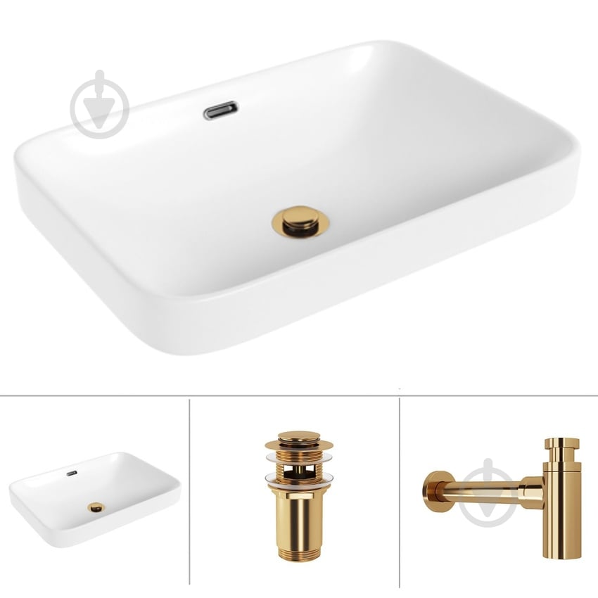 Умивальник Helmken 44152000 3 в 1: прямокутний 52 см, перелив, із сифоном і донним клапаном Сlick-clack, золото - фото 1 Умивальник Helmken 44152000 3 в 1: прямокутний 52 см, перелив, із сифоном і донним клапаном Сlick-clack, золото - фото 1