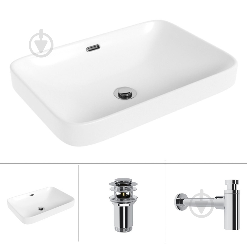 Умивальник Helmken 44152000 3 в 1: прямокутний 52 см, перелив, із сифоном і донним клапаном Сlick-clack, хром - фото 1