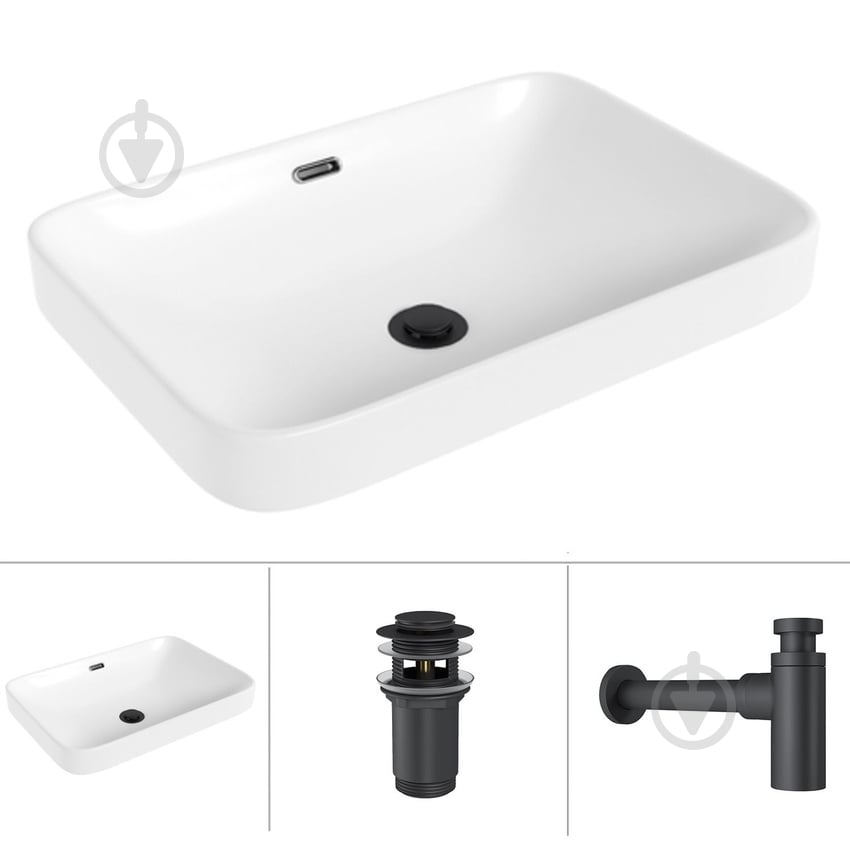 Умивальник Helmken 44152000 3 в 1: прямокутний 52 см, перелив, із сифоном і донним клапаном Сlick-clack, чорний матовий - фото 1 Умивальник Helmken 44152000 3 в 1: прямокутний 52 см, перелив, із сифоном і донним клапаном Сlick-clack, чорний матовий - фото 1