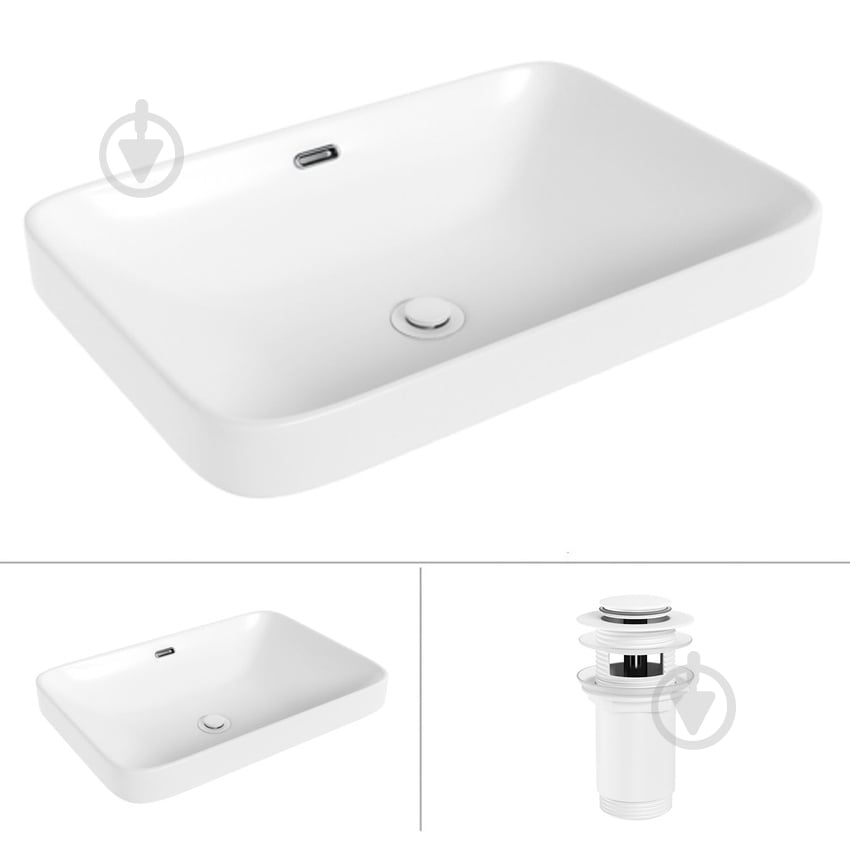 Умивальник Helmken 44156000 2 в 1: прямокутний 56 см, перелив із донним клапаном Сlick-clack, білий матовий - фото 1