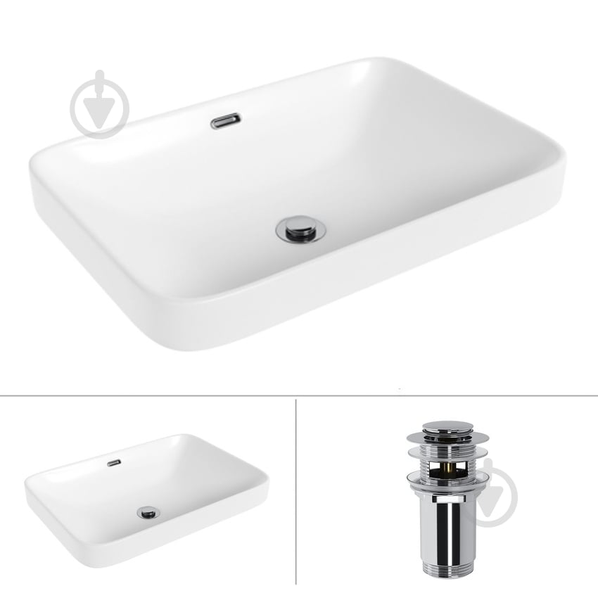 Умивальник Helmken 44156000 2 в 1: прямокутний 56 см, перелив із донним клапаном Сlick-clack, хром - фото 1