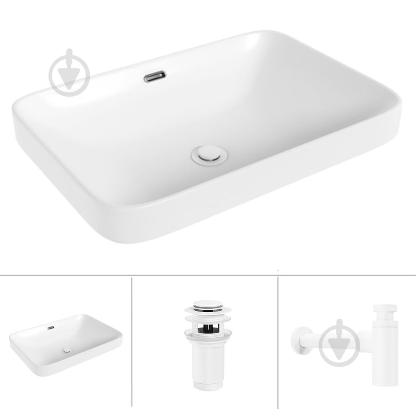 Умивальник Helmken 44156000 3 в 1: прямокутний 56 см, перелив, із сифоном і донним клапаном Сlick-clack, білий матовий - фото 1 Умивальник Helmken 44156000 3 в 1: прямокутний 56 см, перелив, із сифоном і донним клапаном Сlick-clack, білий матовий - фото 1
