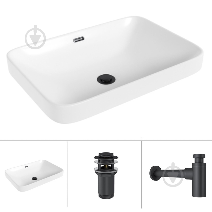 Умивальник Helmken 44156000 3 в 1: прямокутний 56 см, перелив, із сифоном і донним клапаном Сlick-clack, чорний матовий - фото 1