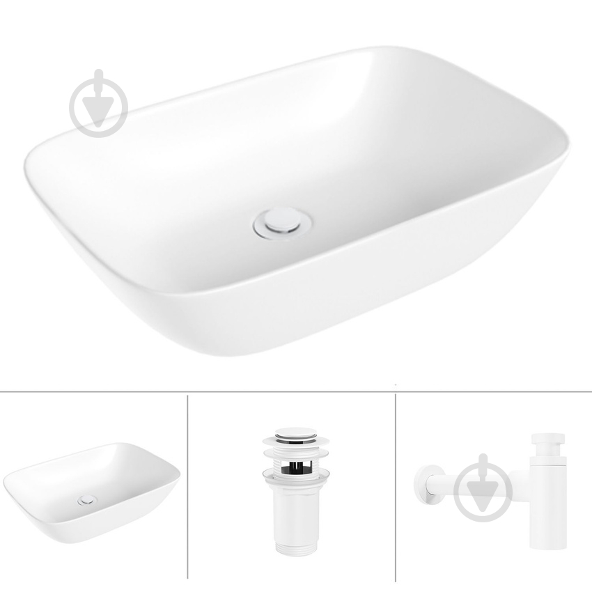 Умывальник Helmken 45450000 3 в 1: прямоугольный 50,5 см, с сифоном и донным клапаном Сlick-clack, белый матовый - фото 1 Умывальник Helmken 45450000 3 в 1: прямоугольный 50,5 см, с сифоном и донным клапаном Сlick-clack, белый матовый - фото 1