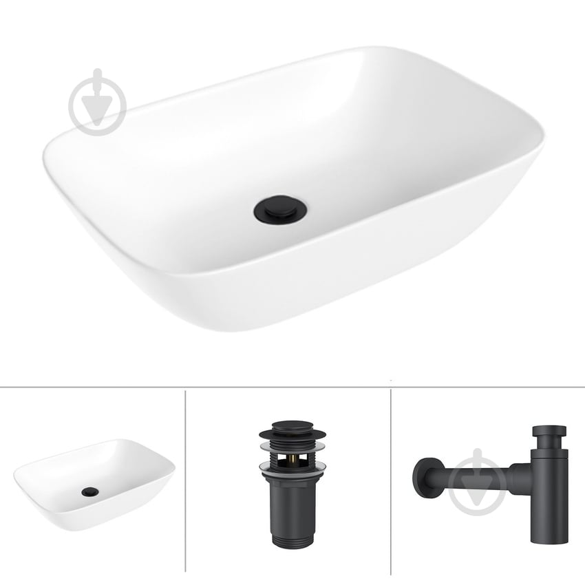 Умывальник Helmken 45450000 3 в 1: прямоугольный 50,5 см, с сифоном и донным клапаном Сlick-clack, черный матовый - фото 1 Умывальник Helmken 45450000 3 в 1: прямоугольный 50,5 см, с сифоном и донным клапаном Сlick-clack, черный матовый - фото 1