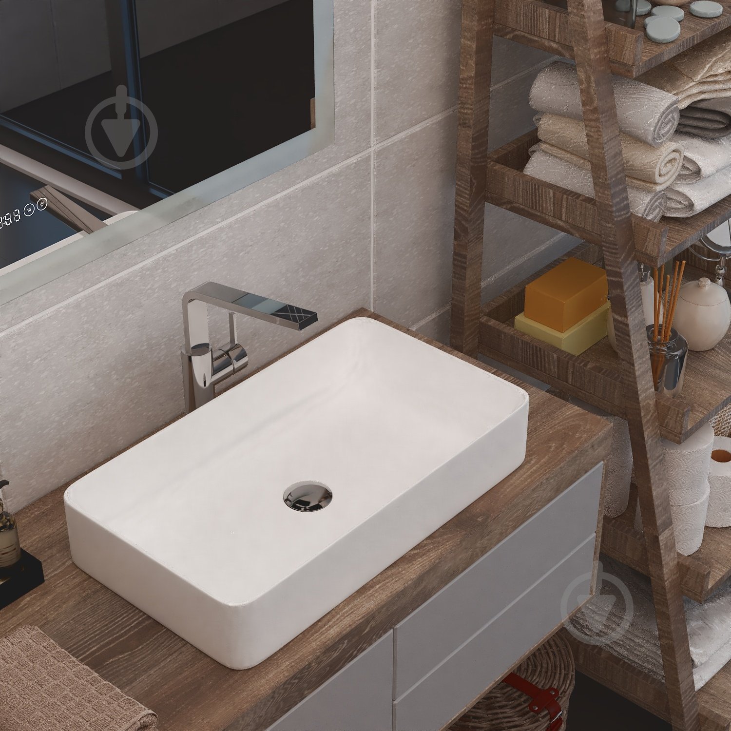 Умывальник Helmken 48760000 2 в 1: прямоугольный 60 см с донным клапаном Сlick-clack, белый матовый - фото 7