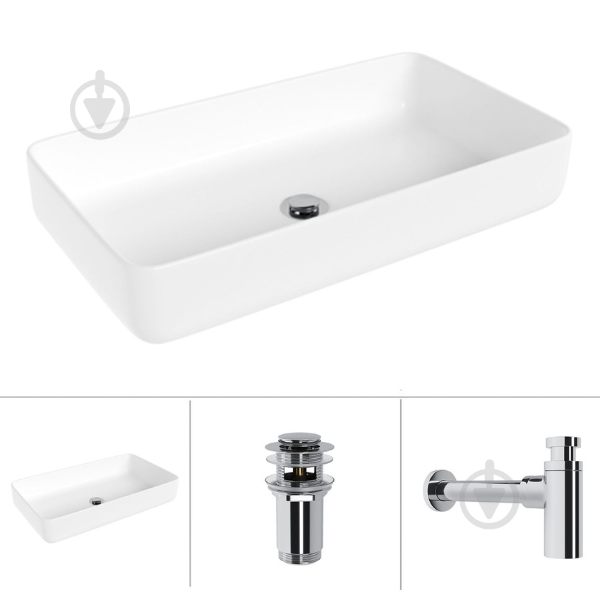 Умывальник Helmken 48760000 3 в 1: прямоугольный 60 см, с сифоном и донным клапаном Сlick-clack, хром - фото 1