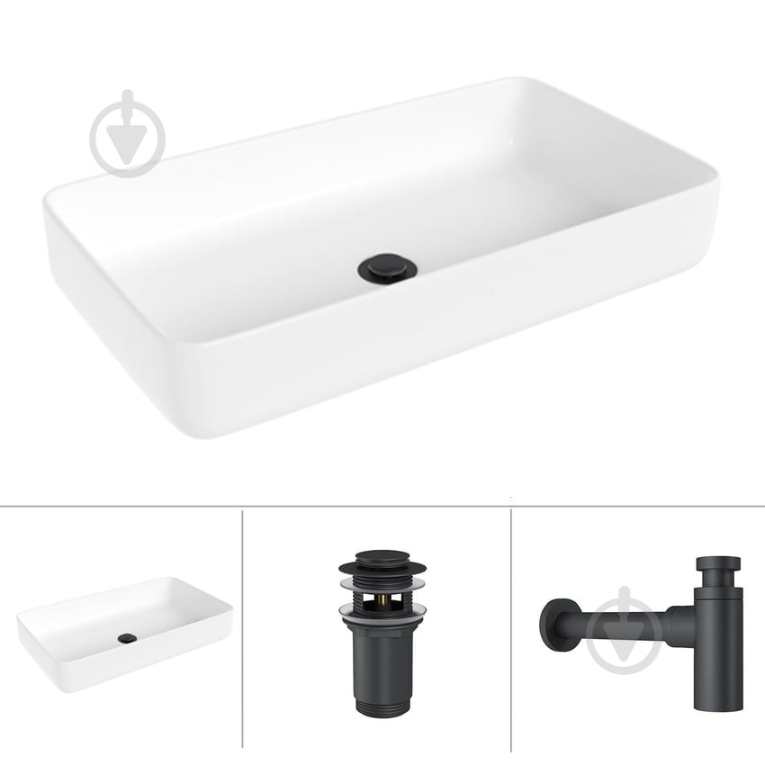 Умывальник Helmken 48760000 3 в 1: прямоугольный 60 см, с сифоном и донным клапаном Сlick-clack, черный матовый - фото 1 Умывальник Helmken 48760000 3 в 1: прямоугольный 60 см, с сифоном и донным клапаном Сlick-clack, черный матовый - фото 1