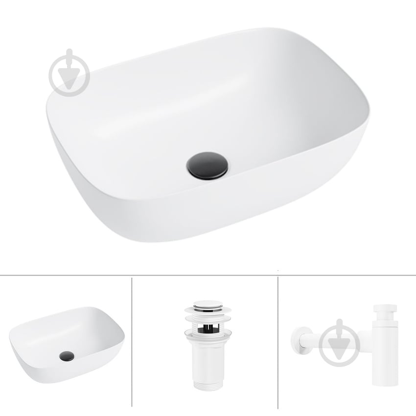 Умивальник Helmken 49346000 3 в 1: прямокутний 46 см, із сифоном і донним клапаном Сlick-clack, білий матовий - фото 1 Умивальник Helmken 49346000 3 в 1: прямокутний 46 см, із сифоном і донним клапаном Сlick-clack, білий матовий - фото 1