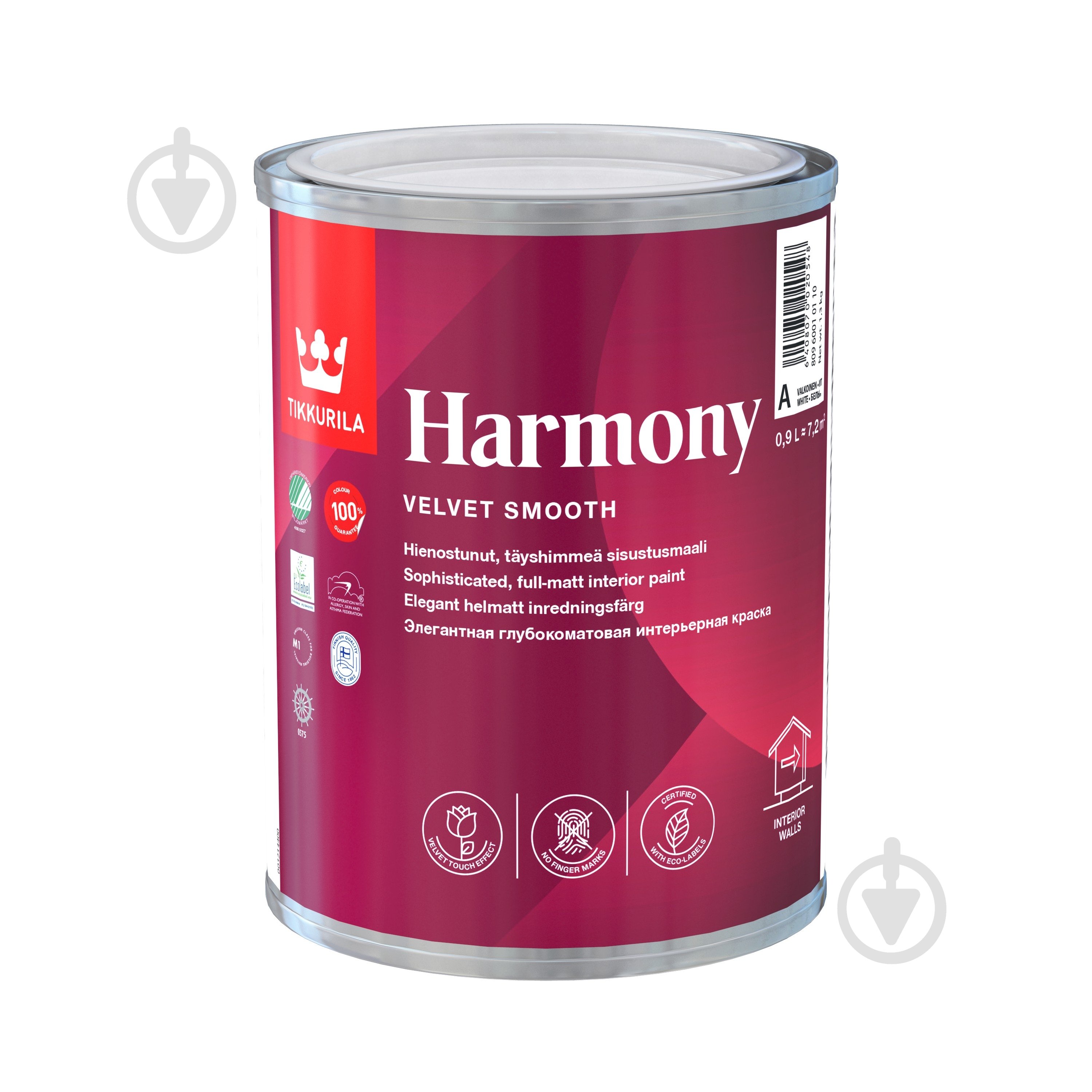 Краска акрилатная водоэмульсионная TIKKURILA Harmony база А глубокий мат белый 0,9 л - фото 1