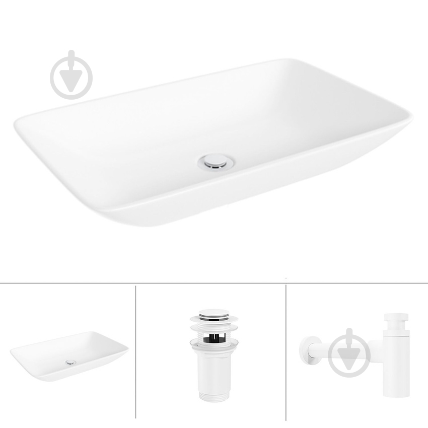 Умывальник Helmken 54059000 3 в 1: прямоугольный 59 см, с сифоном и донным клапаном Сlick-clack, белый матовый - фото 1 Умывальник Helmken 54059000 3 в 1: прямоугольный 59 см, с сифоном и донным клапаном Сlick-clack, белый матовый - фото 1