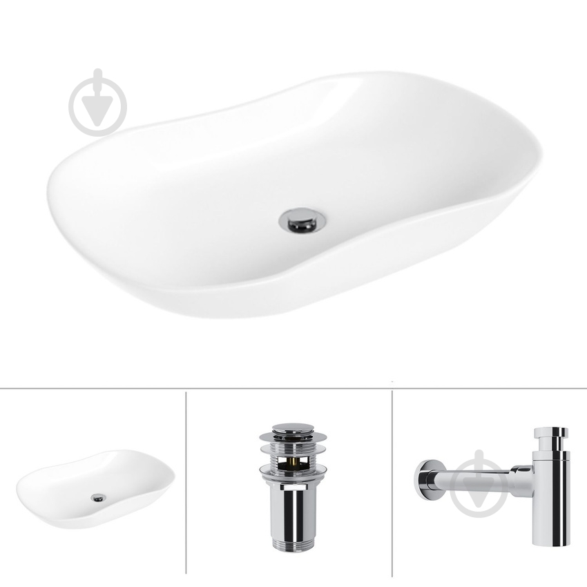 Умывальник Helmken 57066000 3 в 1: овальный 66 см, с сифоном и донным клапаном Сlick-clack, хром - фото 1
