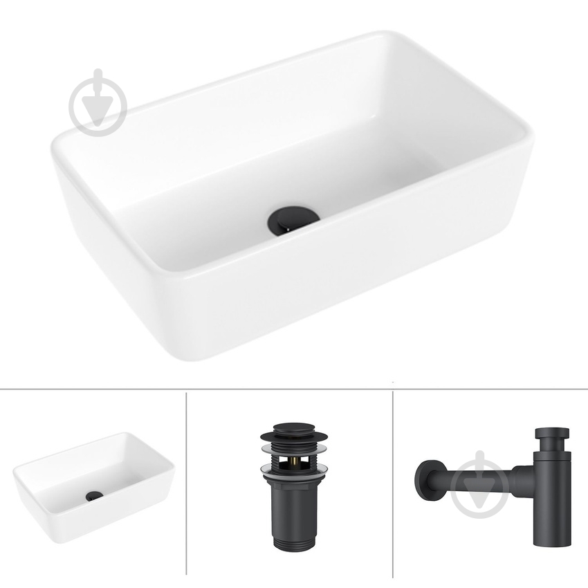 Умывальник Helmken 67448000 3 в 1: прямоугольный 48 см, с сифоном и донным клапаном Сlick-clack, черный матовый - фото 1 Умывальник Helmken 67448000 3 в 1: прямоугольный 48 см, с сифоном и донным клапаном Сlick-clack, черный матовый - фото 1
