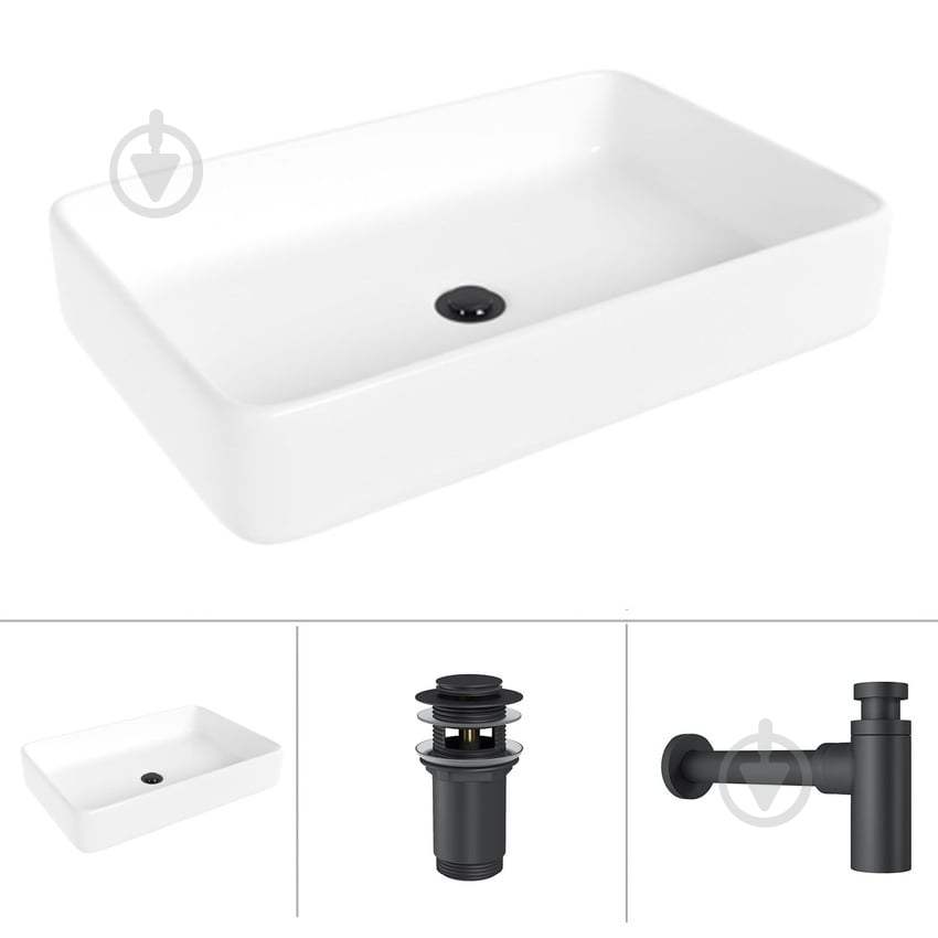 Умывальник Helmken 84261000 3 в 1: прямоугольный 61,5 см, с сифоном и донным клапаном Сlick-clack, черный матовый - фото 1