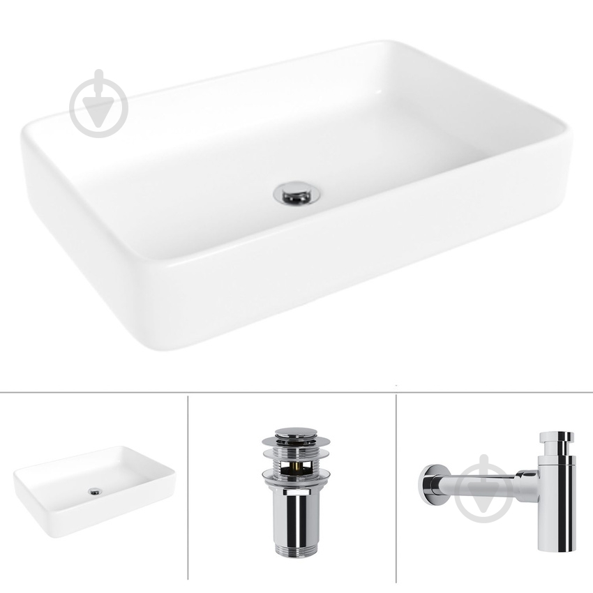 Умывальник Helmken 84261000 3 в 1: прямоугольный 61,5 см, с сифоном и донным клапаном Сlick-clack, хром - фото 1 Умывальник Helmken 84261000 3 в 1: прямоугольный 61,5 см, с сифоном и донным клапаном Сlick-clack, хром - фото 1