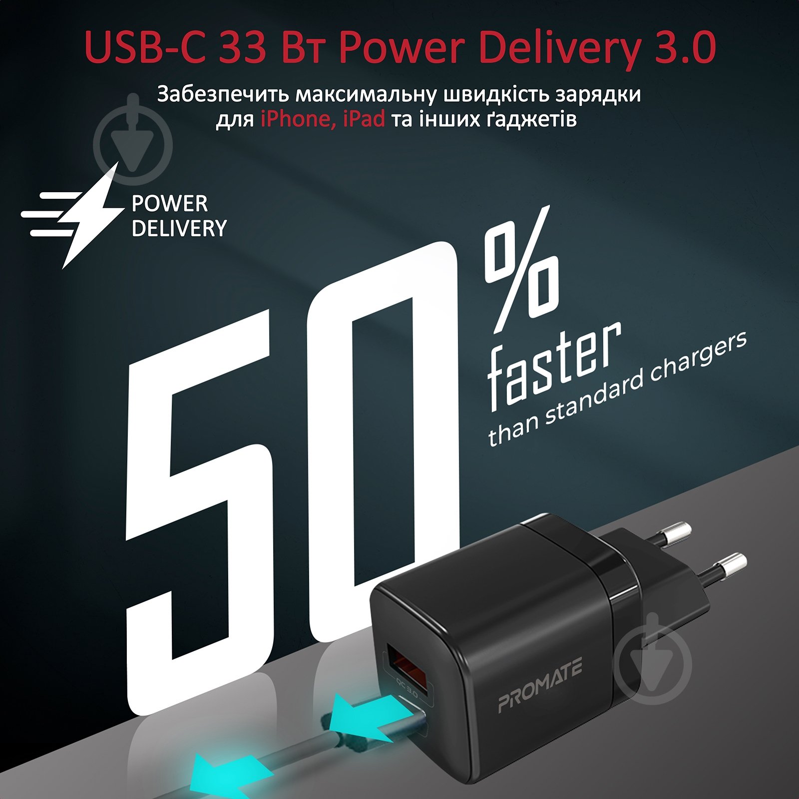 Мережевий зарядний пристрій Promate PowerPort-33 Вт USB-C+USB-A Black - фото 5