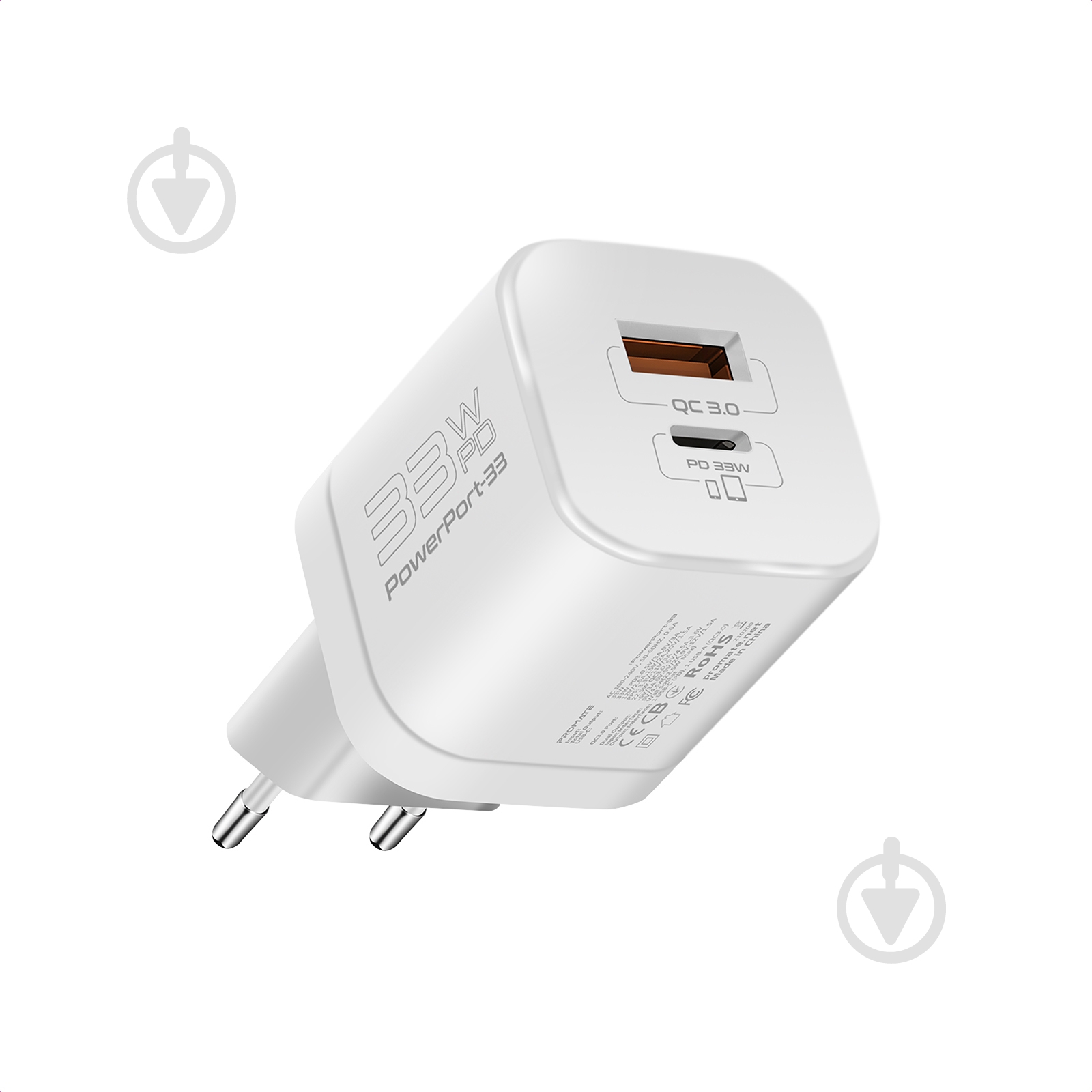 Мережевий зарядний пристрій Promate PowerPort-33 Вт USB-C+USB-A White - фото 1