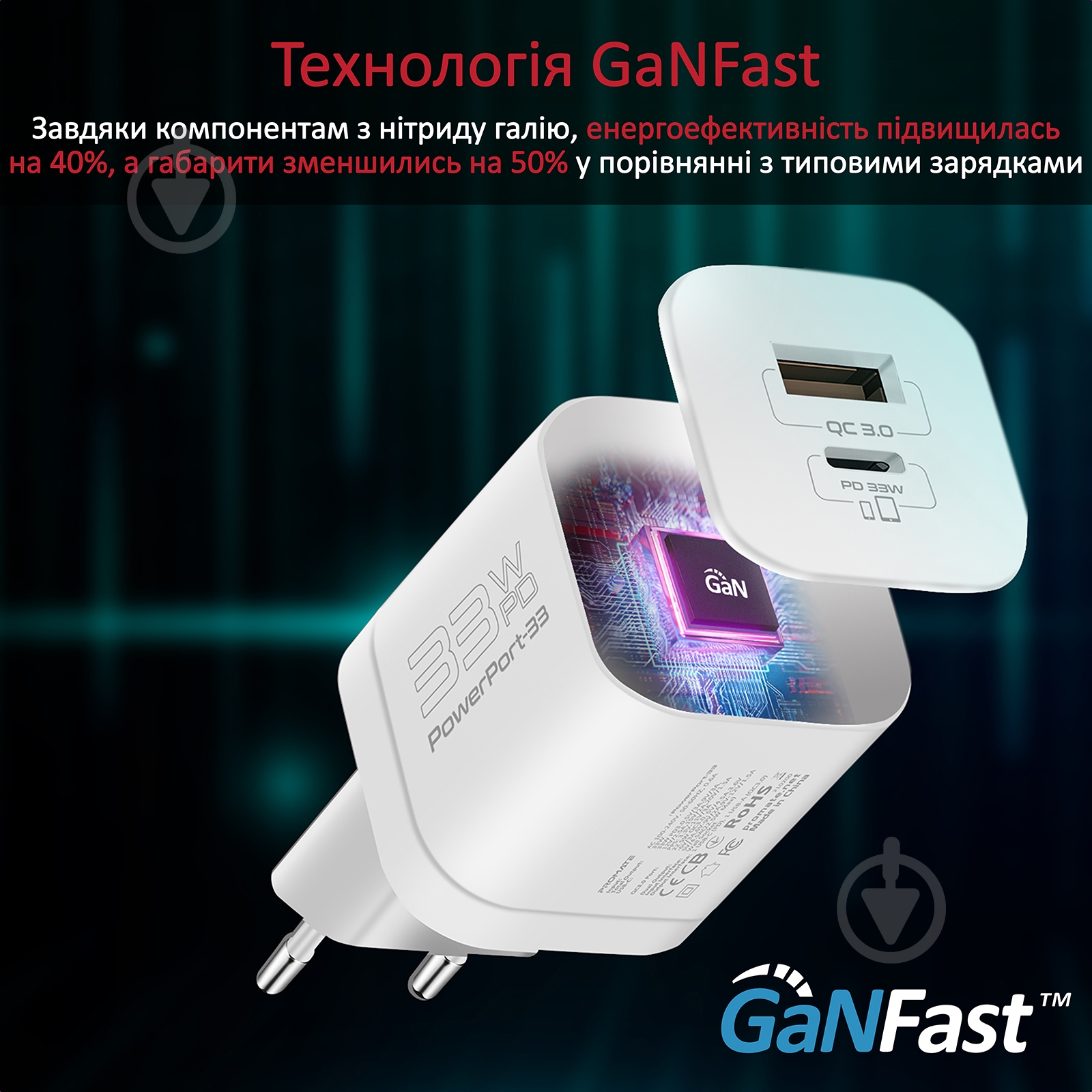 Мережевий зарядний пристрій Promate PowerPort-33 Вт USB-C+USB-A White - фото 3