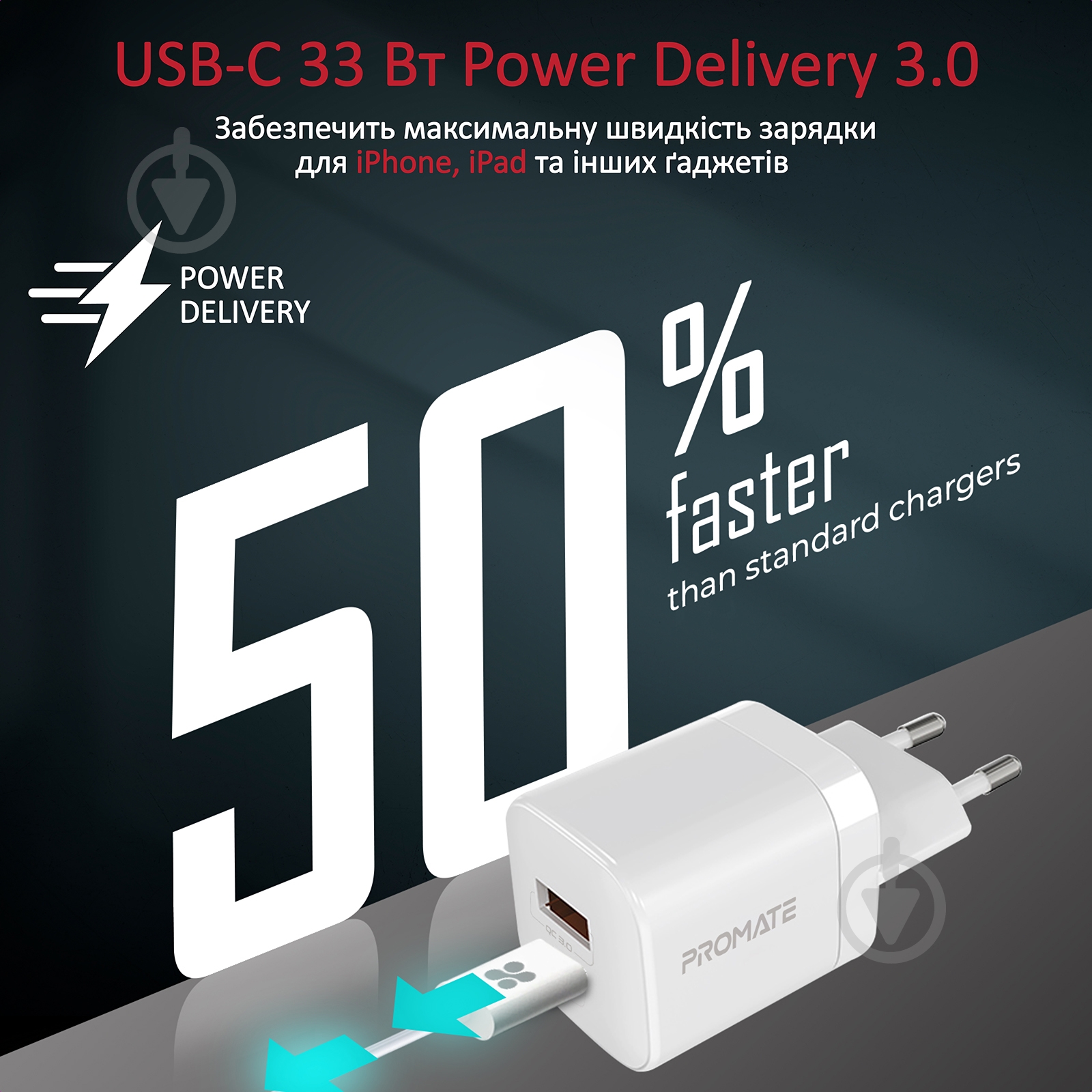 Мережевий зарядний пристрій Promate PowerPort-33 Вт USB-C+USB-A White - фото 5