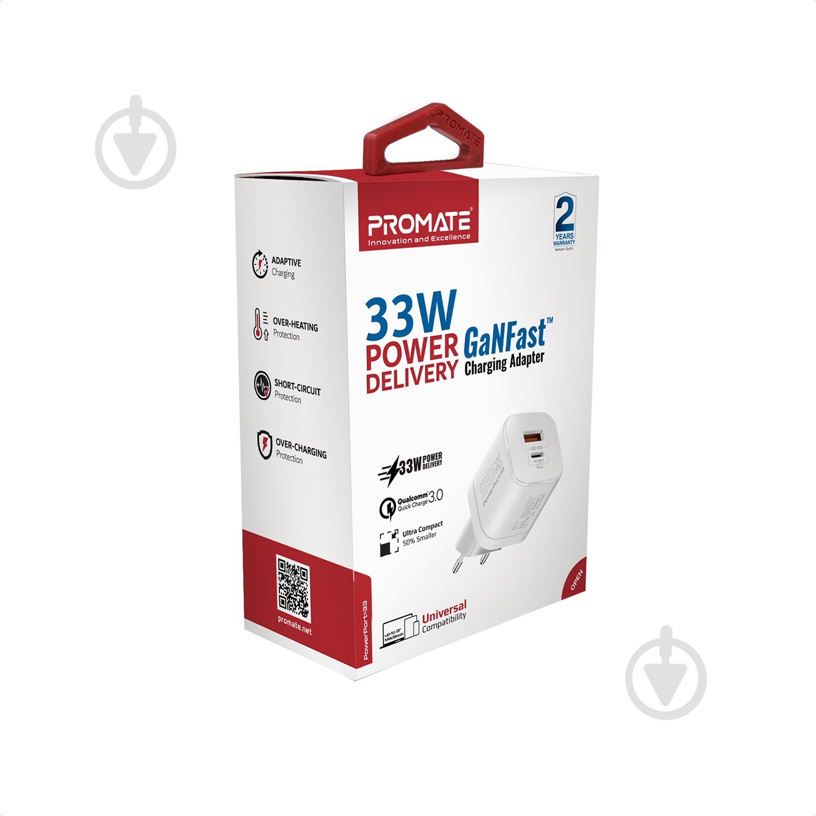 Мережевий зарядний пристрій Promate PowerPort-33 Вт USB-C+USB-A White - фото 7