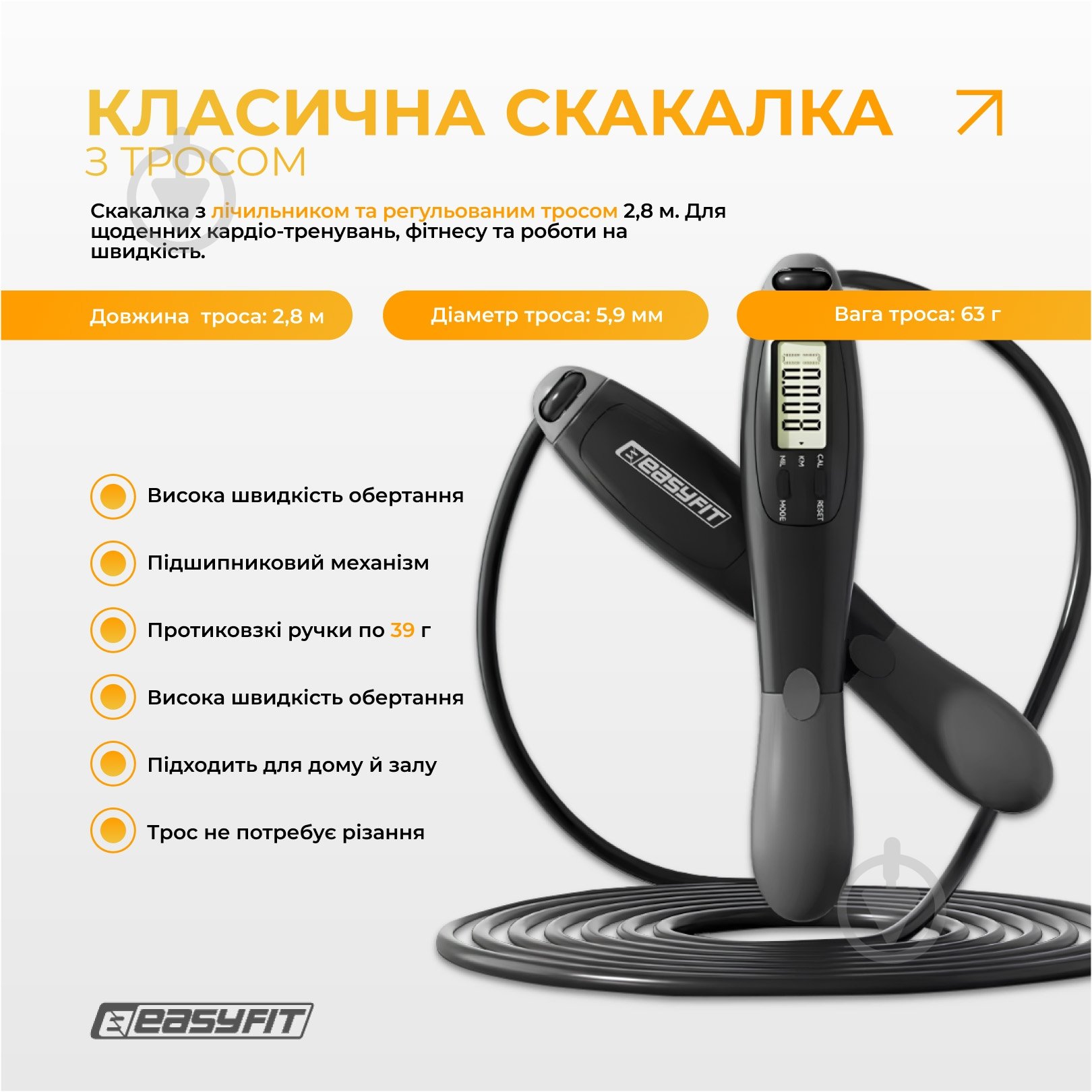 Скакалка EasyFit TwinRope скоростная 2,8 м черный с серым - фото 2 Скакалка EasyFit TwinRope скоростная 2,8 м черный с серым - фото 2
