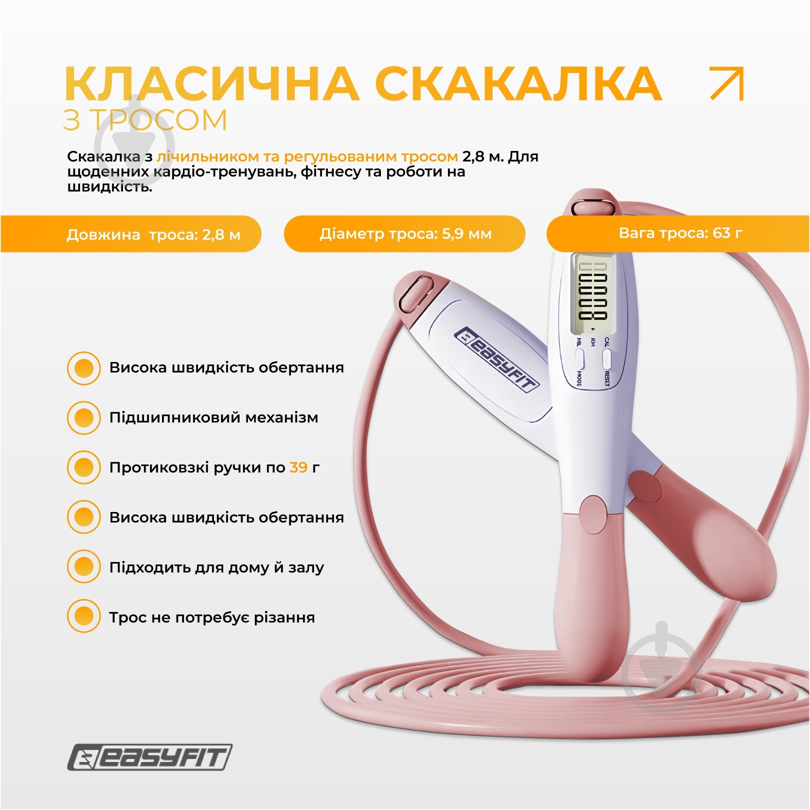 Скакалка EasyFit без шнура TwinRope 2,8 м белый с розовым - фото 2 Скакалка EasyFit без шнура TwinRope 2,8 м белый с розовым - фото 2