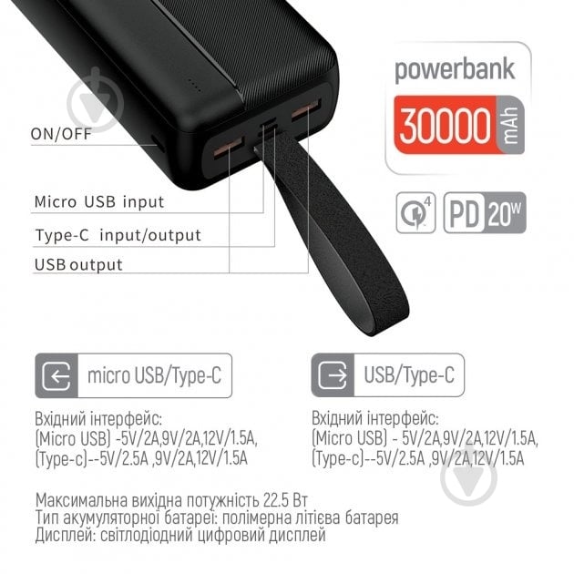 Повербанк ColorWay 30000 mAh black (CW-PB300LPC2BK-PD) High-power 2 (USB QC3.0 + USB-C Power Delivery 22.5W) - фото 5
